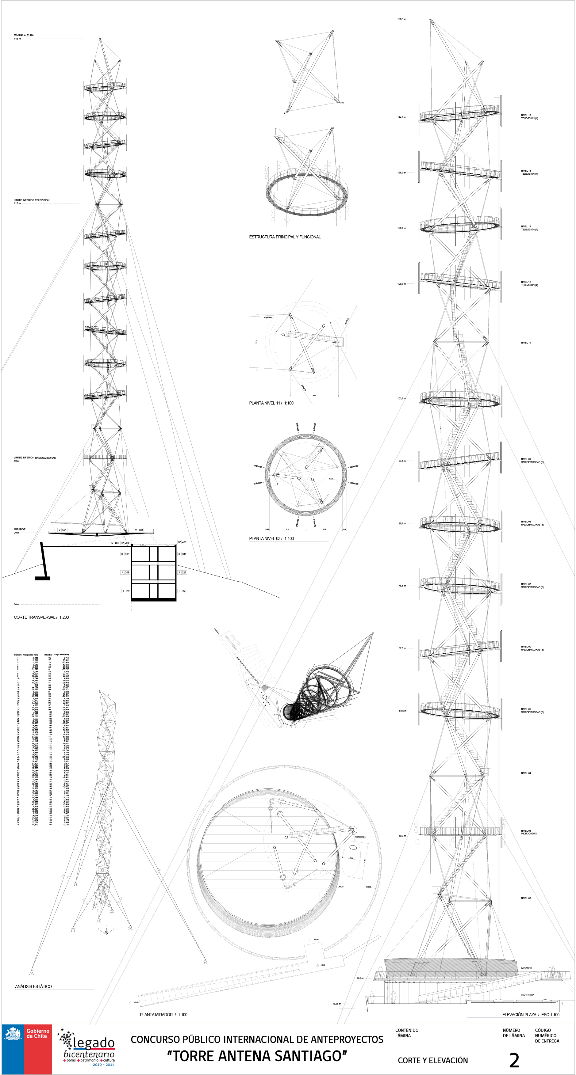 Plans for the Santiago Radio Tower design by Smiljan Radic.